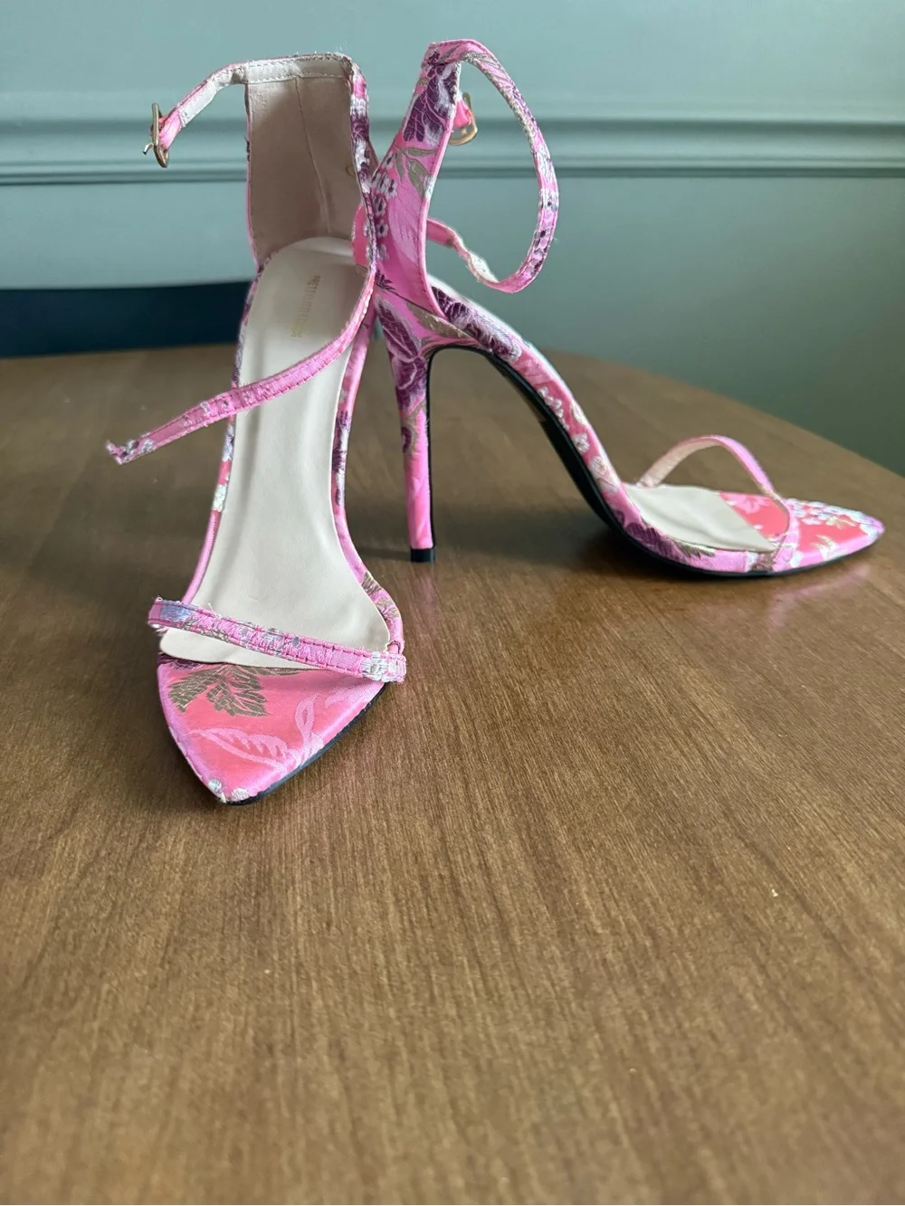 PrettyLittleThing Pink Floral Pointed Toe Ankle-Strap Heels